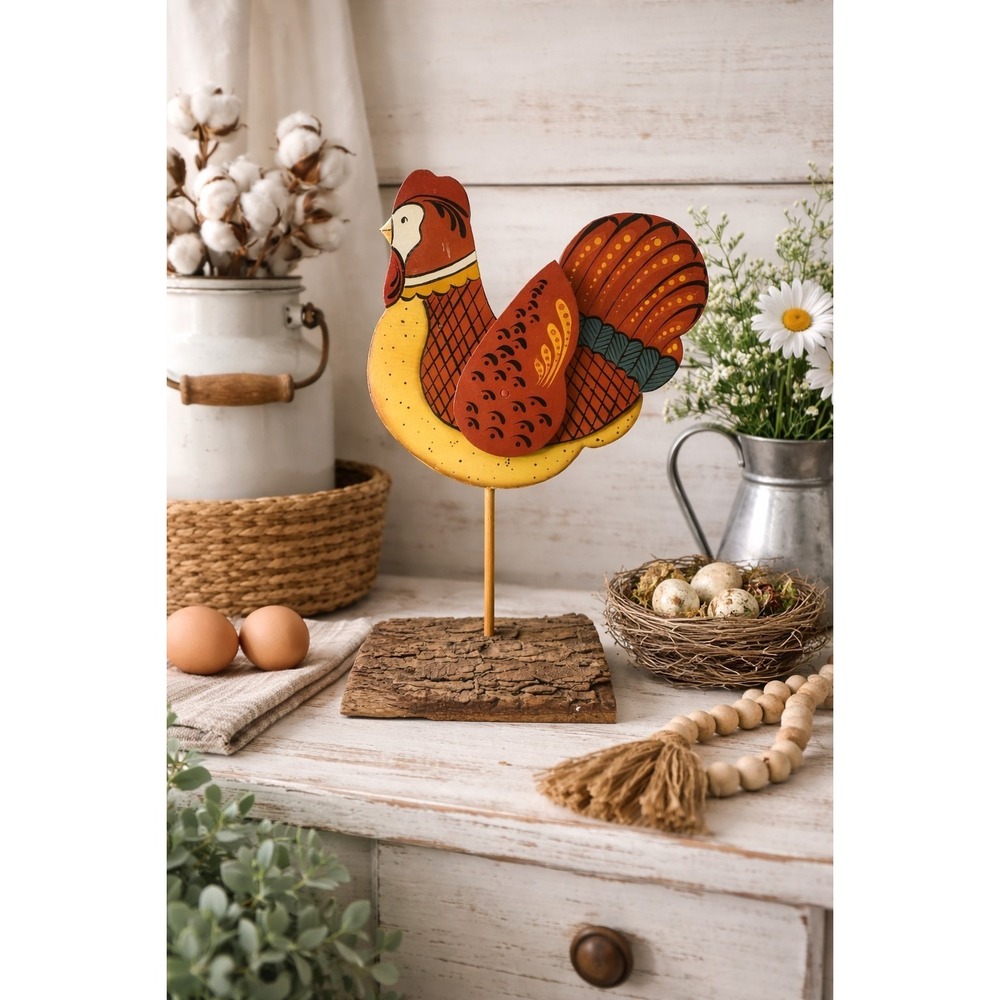 Vintage Hand Painted Rooster Primative Or Folk Art Style
